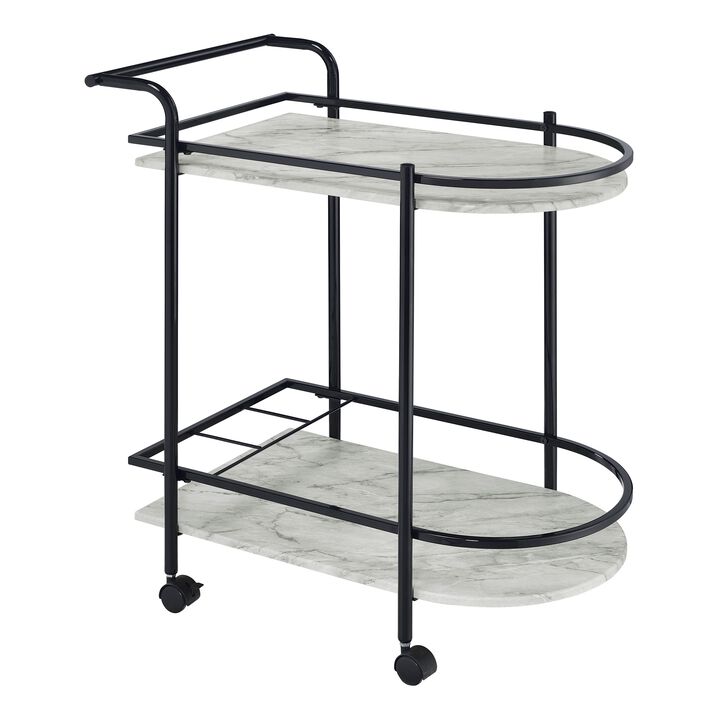 Rhea 32 Inch Bar Cart Trolley, U Shaped Tray, Faux Marble Shelves, Black-Benzara