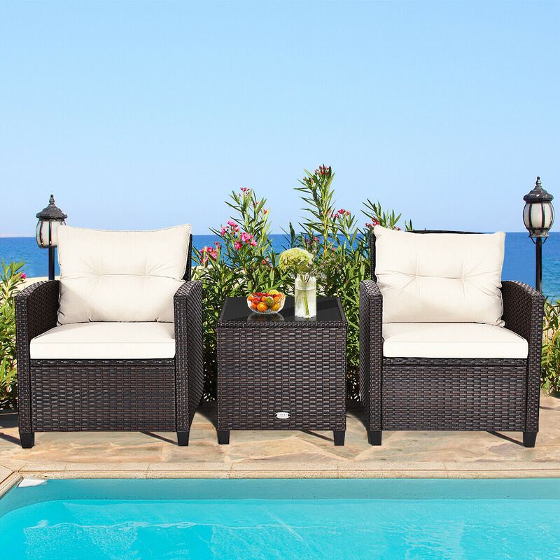 3 Pcs Patio Rattan Furniture Set Cushioned Conversation Set Coffee Table