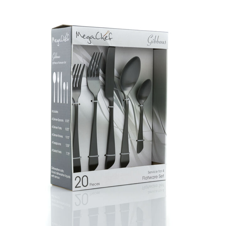 MegaChef Gibbous 20 Piece Flatware Utensil Set, Stainless Steel Silverware Metal Service for 4 in Black