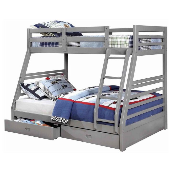 Transitional Twin Over Full Bed with Attached Ladder and Drawers, Dark Gray-Benzara