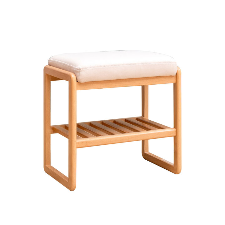 Natural Solid Wood Shoe Bench, Beech Wood Storage Rack Organizer With High Rebound Sponge Cushion