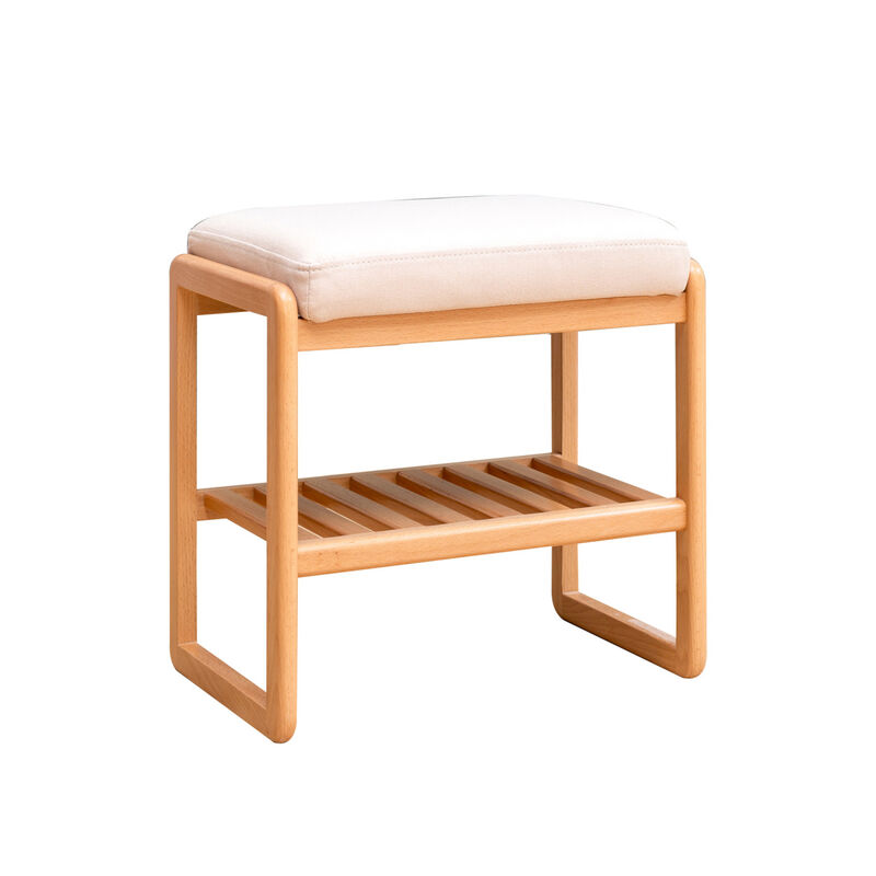 Natural Solid Wood Shoe Bench, Beech Wood Storage Rack Organizer With High Rebound Sponge Cushion
