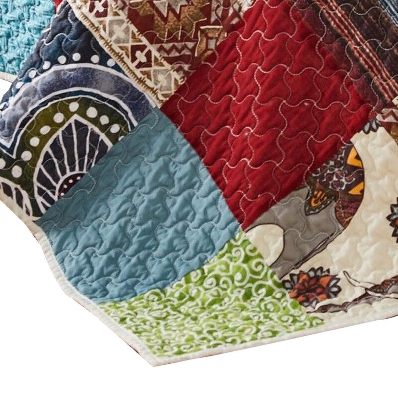Lily 2 Piece Twin Quilt Set with Pillow Sham, Multicolor Patchwork - Benzara