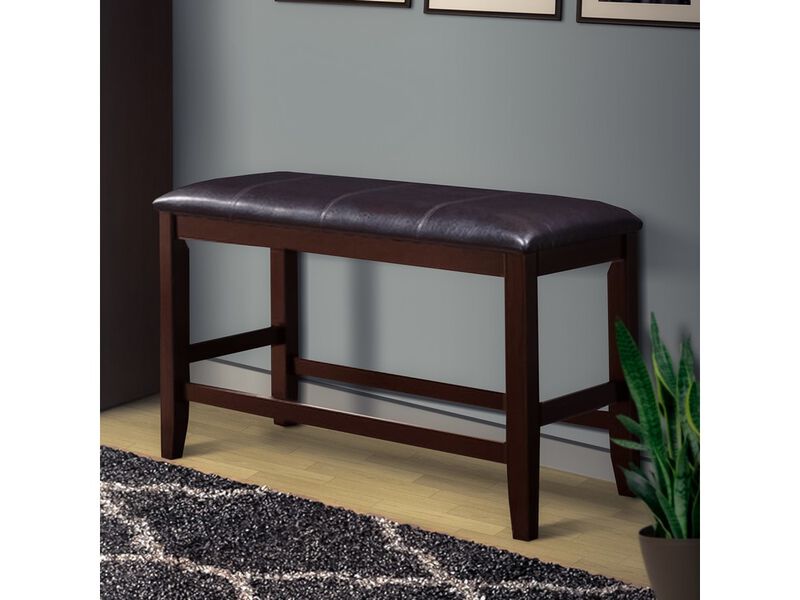 Wooden Counter Height Bench with Leatherette Seat, Brown and Black - Benzara