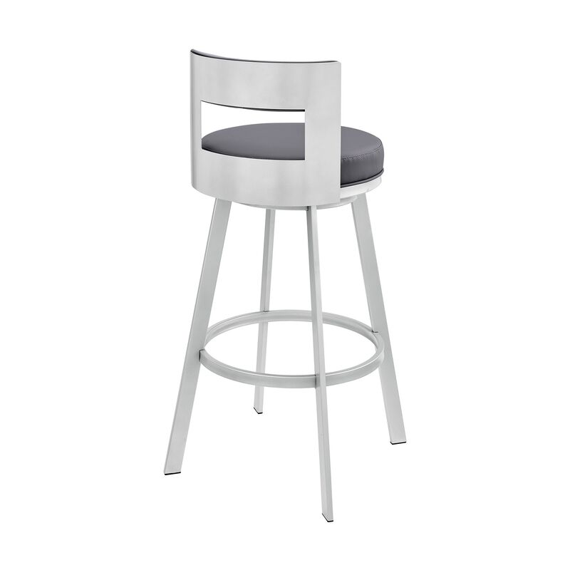 Ami 30 Inch Swivel Barstool Chair, Gray Faux Leather Open Back, Silver Base - Benzara