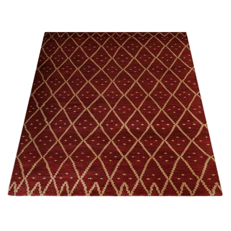 HAND KNOTTED WOOL Geometric AREA RUGS  - 10'x14', Rectangle Shape, Red Gold Color, Geometric Modern, Medium Pile Handmade Area Rugs for Living Room, Bed Room (N01118)