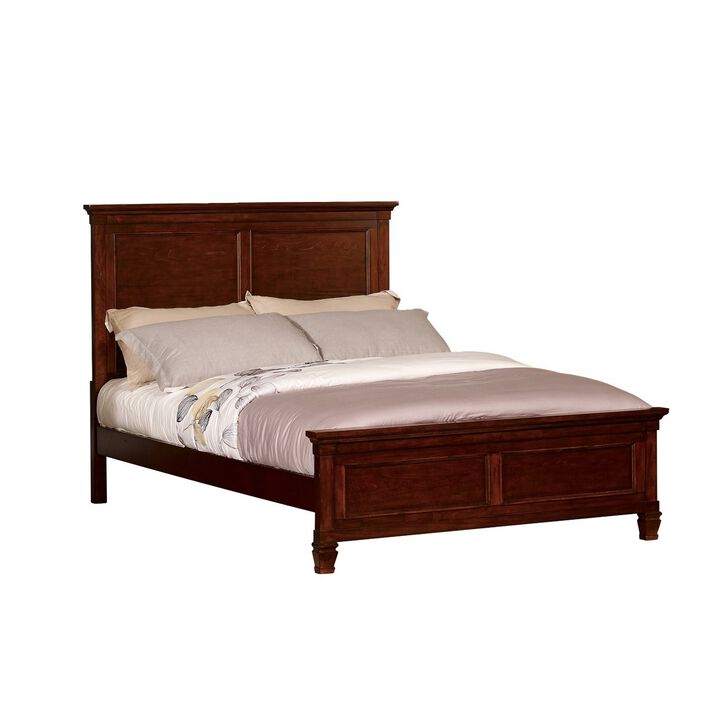 Umi Queen Size Bed, Classic Panel Design with Molded Details, Brown Wood - Benzara