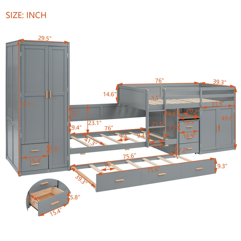 Merax Bunk Bed with Trundle, Cabinet, and Wardrobe