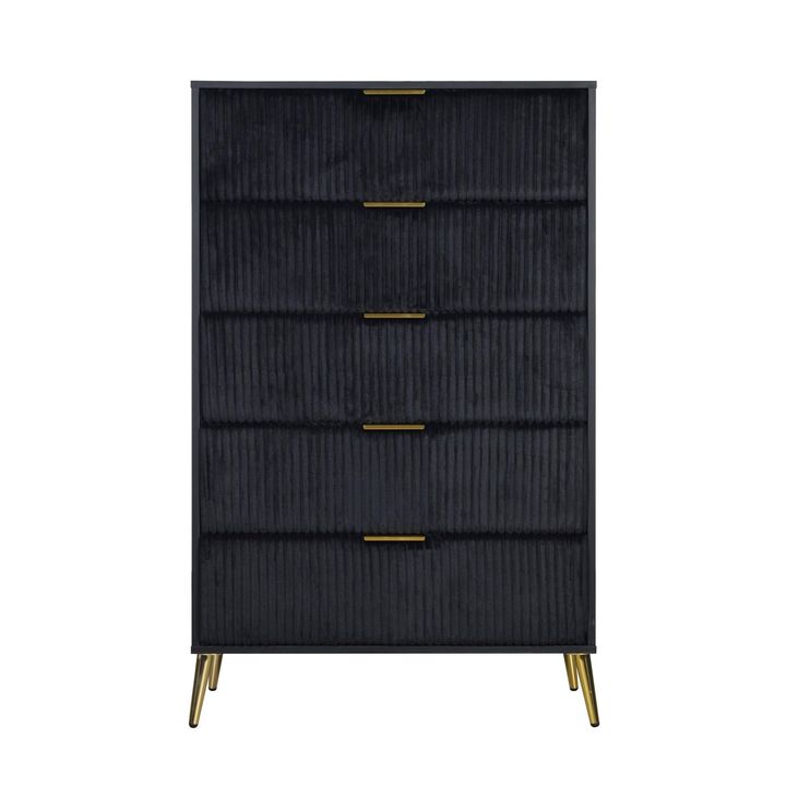 Benjara, Black, Gold Moko 51 Inch Tall Dresser, 5 Soft Upholstered Drawers Benjara, Black, Gold Moko 51 Inch Tall Dresser, 5 Soft Upholstered Drawers
