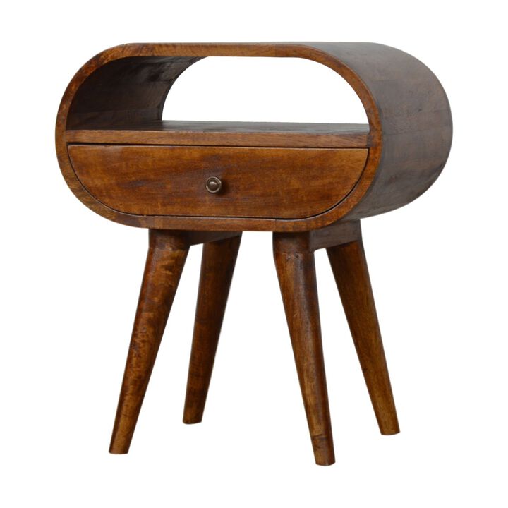 Chestnut Circular Nightstand with Open Slot Solid Wood 1 Drawer