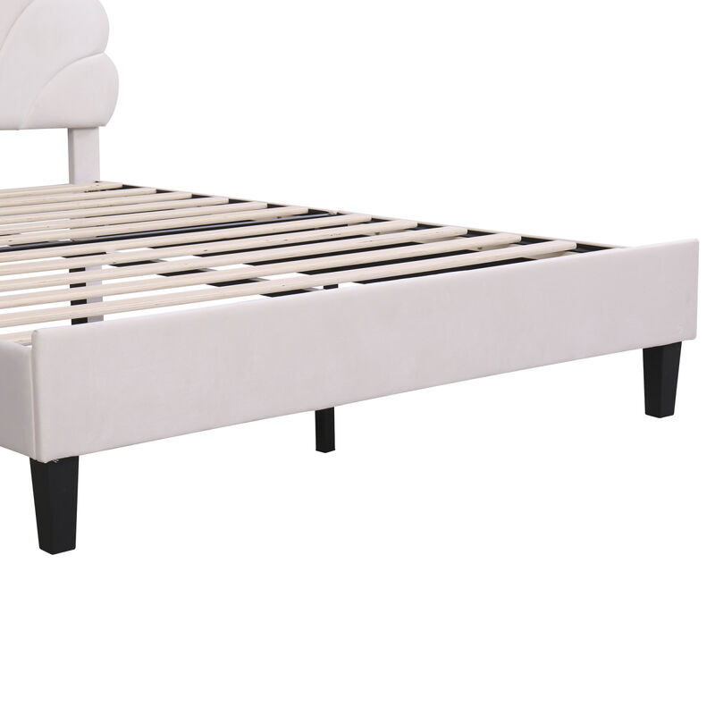 Queen Size Upholstered Platform Bed With Flower Pattern Velvet Headboard