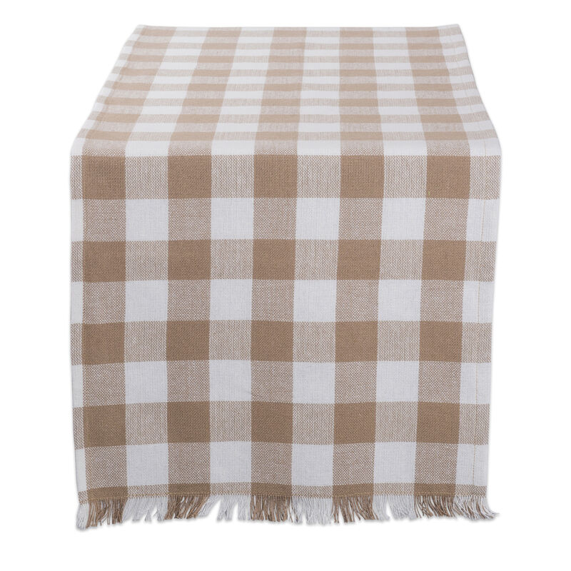 72" Fringed Table Runner with Stone Brown Checkered Design