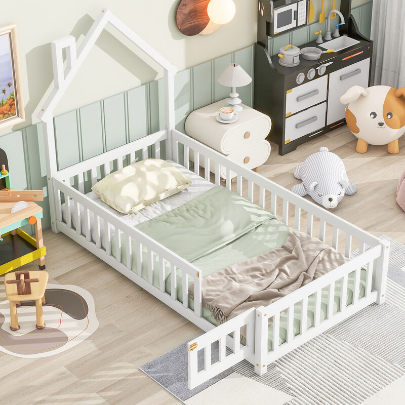 Twin House-Shaped Headboard Floor Bed with Fence, Natural