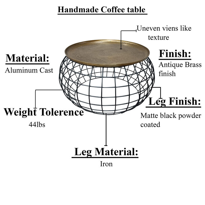 2 Piece Coffee Table and End table Set, Round Antique Brass Tray Top, Curved Cage Design Black Iron Base