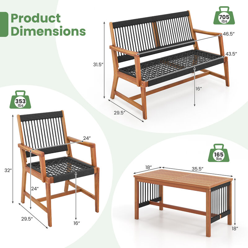 4 Pieces Acacia Wood Patio Conversation Table and Chair Set with Hand Woven Rope