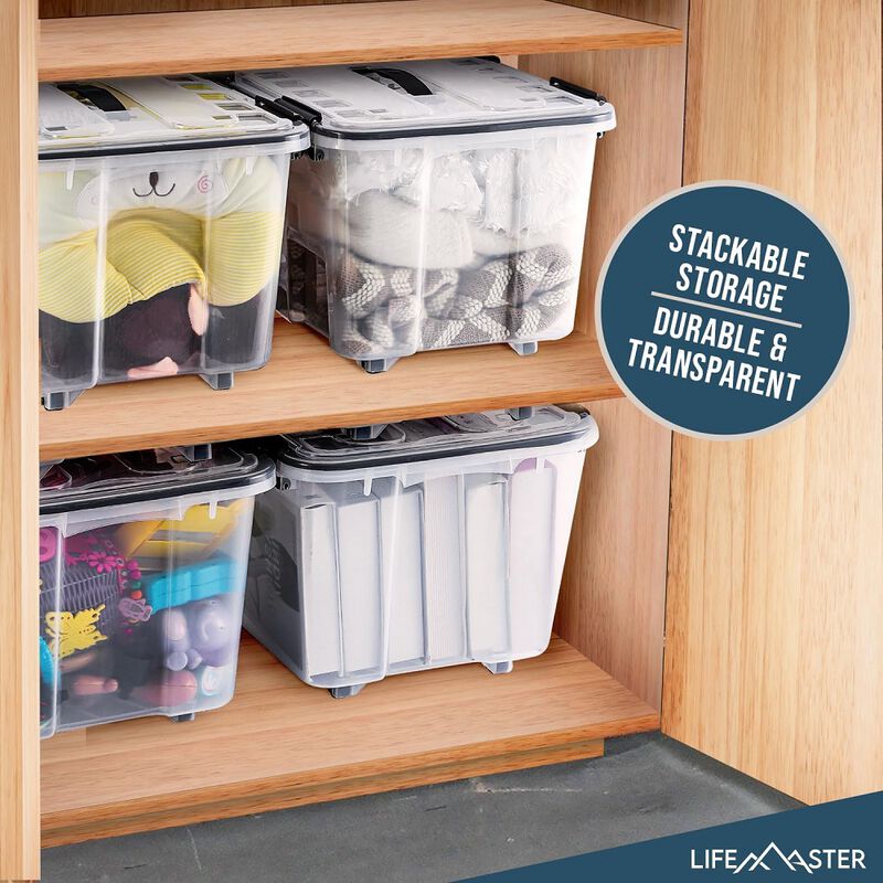Stackable Storage Box Set - 6 Pieces 19 Quarts Multi-purpose, Space-Efficient Stackable Storage Boxes with Nestable Design, Secure Latches, Easy-Move Wheels & Pull-Out Base - Clear