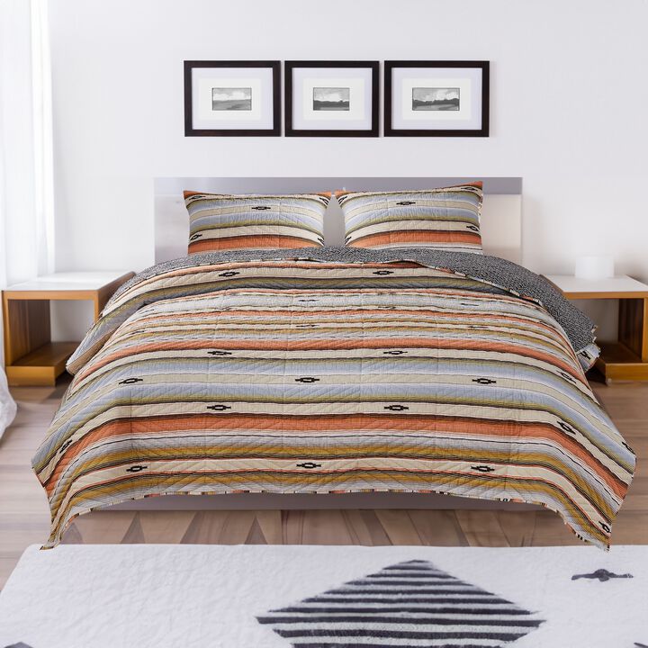 Reversible 2 Piece Twin Size Quilt Set with Stripes Pattern, Multicolor - Benzara