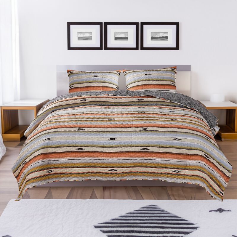 Reversible 2 Piece Twin Size Quilt Set with Stripes Pattern, Multicolor - Benzara