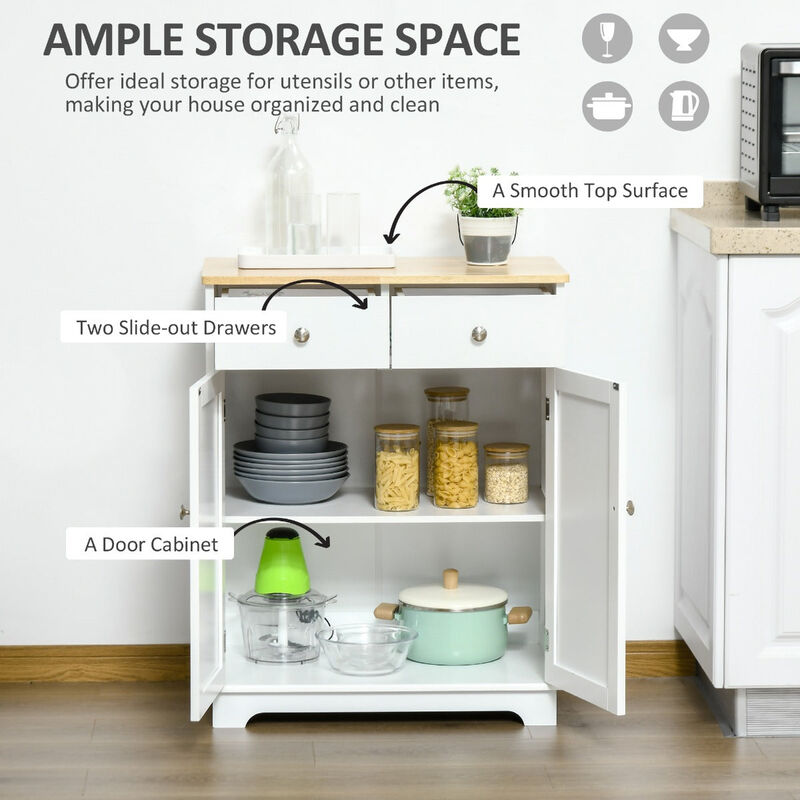 White Kitchen Helper: Storage Cabinet with Wood Top, Shelf & Drawers