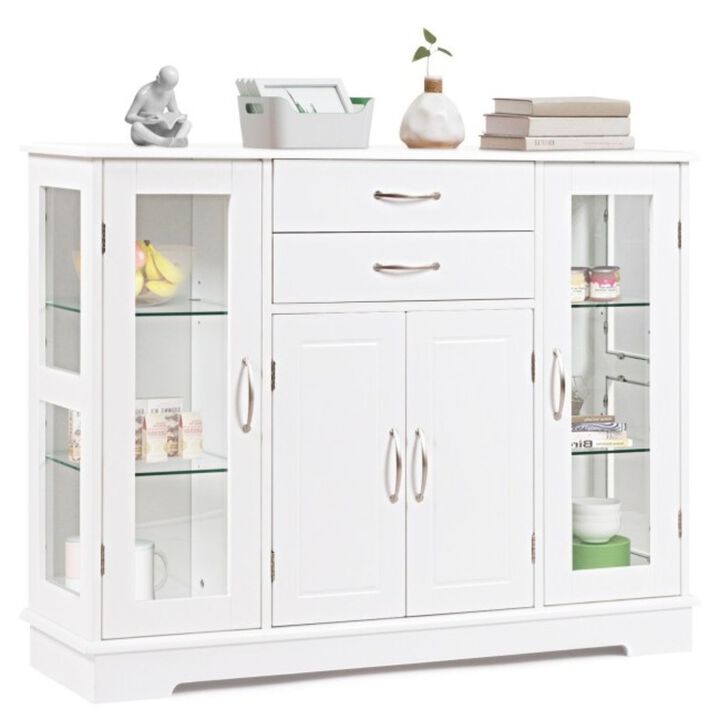 Hivvago White Wood Buffet Sideboard Cabinet with Glass Display Doors