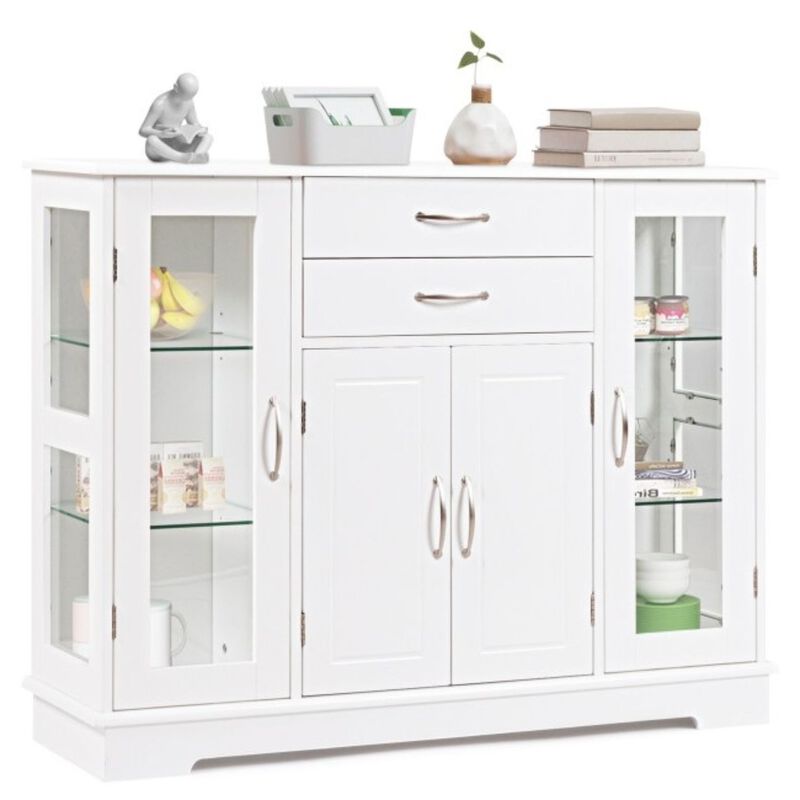 Hivvago White Wood Buffet Sideboard Cabinet with Glass Display Doors