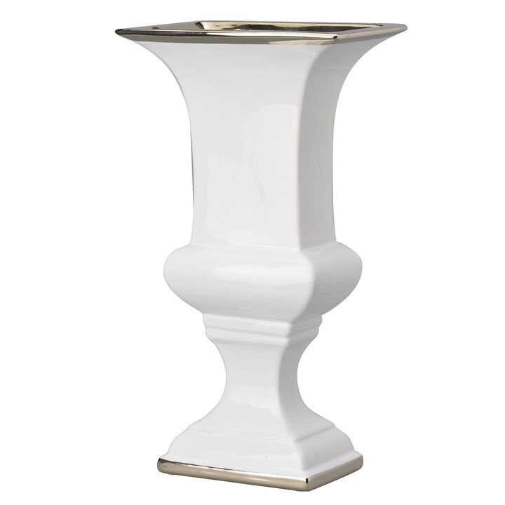 Ceramic Decorative Urn With Rectangular Opening, Large, White & Silver - Benzara