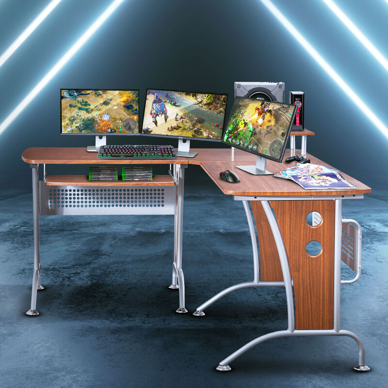 Deluxe L-Shaped Computer Desk With Pull Out Keyboard Panel, Mahogany