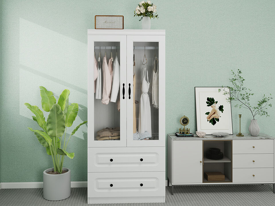 Armoire Wardrobe with 2 Glass Doors and 2 Drawers, Armoire Wardrobe Closet with Hanging Rod, Wood Storage Wardrobe for Large Storage, Armoires and Wardrobes for Bedroom White