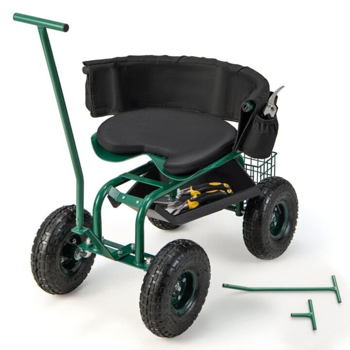 Hivvago Rolling Garden Cart with Height Adjustable Swivel Seat and Storage Basket-Green