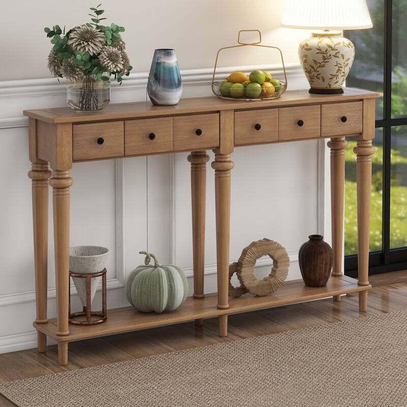 Gewnee Retro Console Table with 4 Drawers and Open Shelf (Old Pine)
