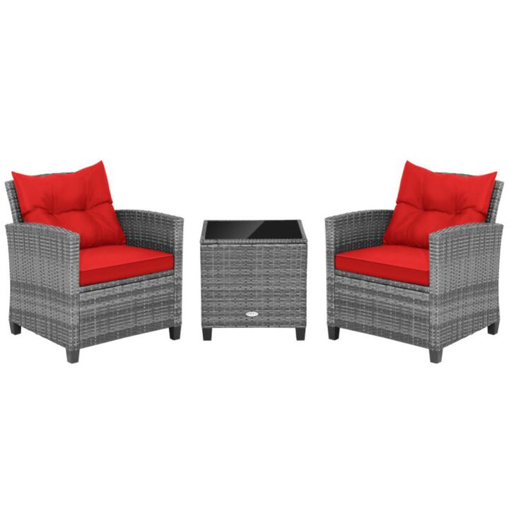 Hivvago 3 Pieces Outdoor Wicker Conversation Set with Tempered Glass Tabletop