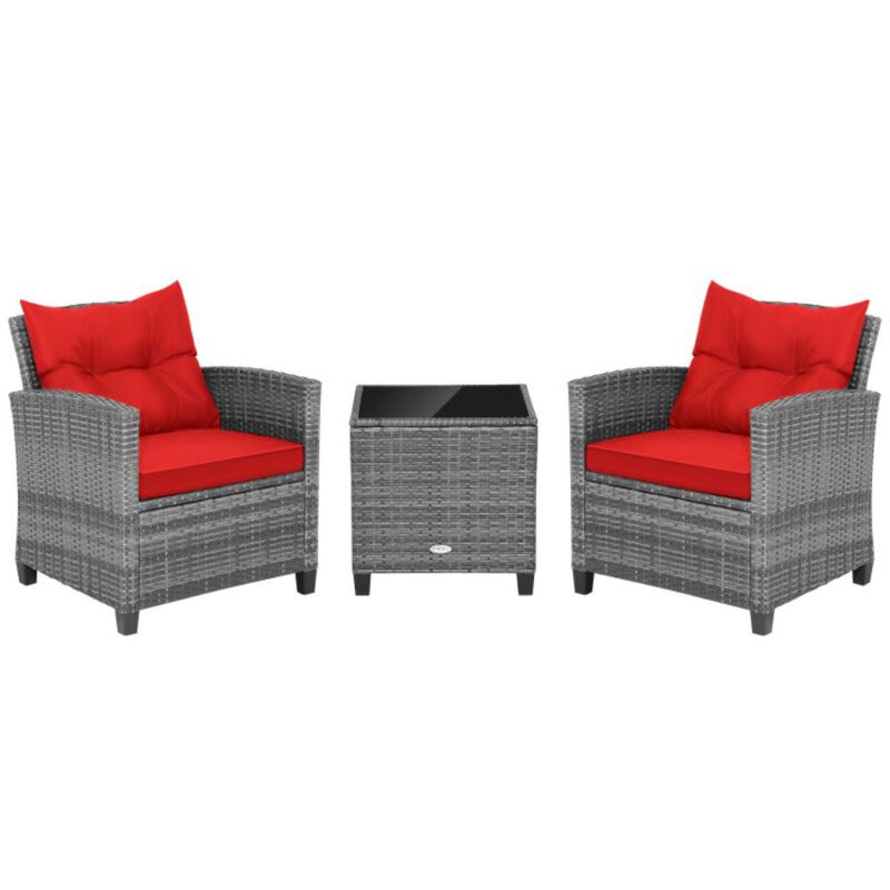 Hivvago 3 Pieces Outdoor Wicker Conversation Set with Tempered Glass Tabletop