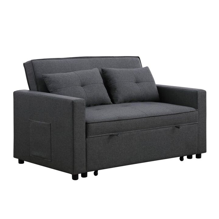 Vito 56 Inch Convertible Sleeper Loveseat with Side Pocket, Dark Gray Linen-Benzara
