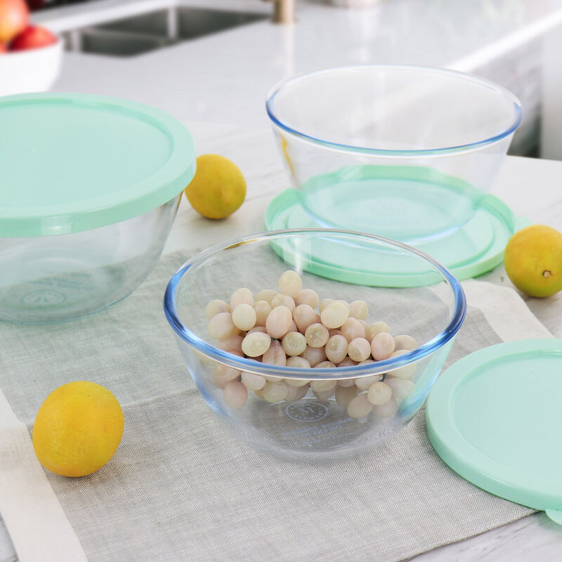 Martha Stewart 6 Piece Borosilicate Glass Prep Bowl Set with Plastic Lids in Mint