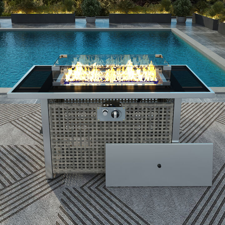 Merax 60000 BTU Rectangular Open Weave Wicker Fire Pit with Glass Wind Guard
