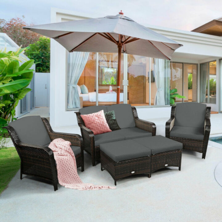 5 Pieces Patio Rattan Sofa Set with Cushion and Ottoman