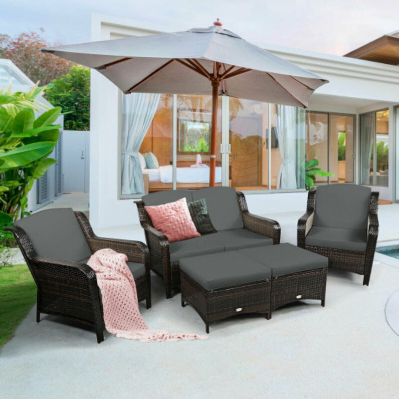 5 Pieces Patio Rattan Sofa Set with Cushion and Ottoman
