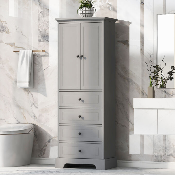 Bathroom Storage Cabinet with Adjustable Shelf, 2 Doors, and 4 Drawers