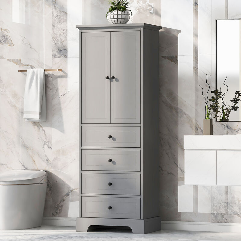 Bathroom Storage Cabinet with Adjustable Shelf, 2 Doors, and 4 Drawers