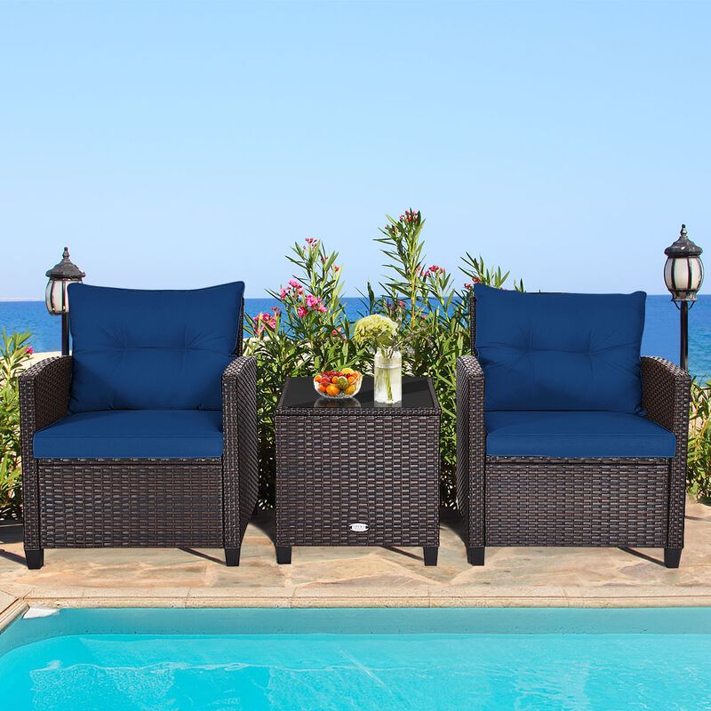 3 Pcs Patio Rattan Furniture Set Cushioned Conversation Set Coffee Table