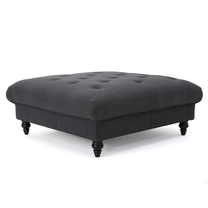 Capri Ottoman, Tufted Dark Gray Fabric, Birch Wood, Square 41 Inch -Benzara
