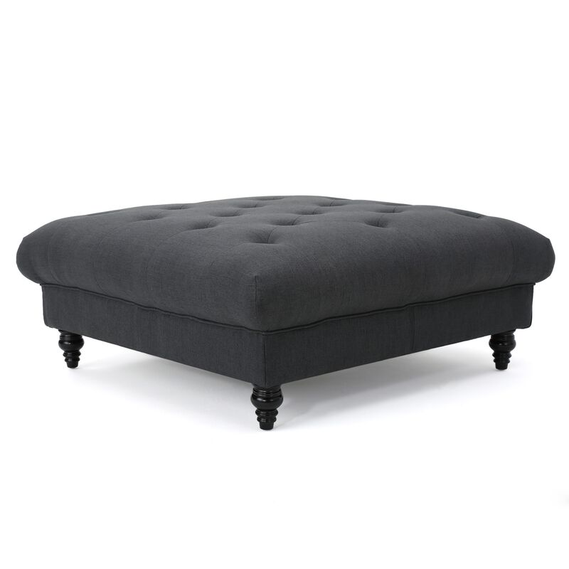 Capri Ottoman, Tufted Dark Gray Fabric, Birch Wood, Square 41 Inch -Benzara