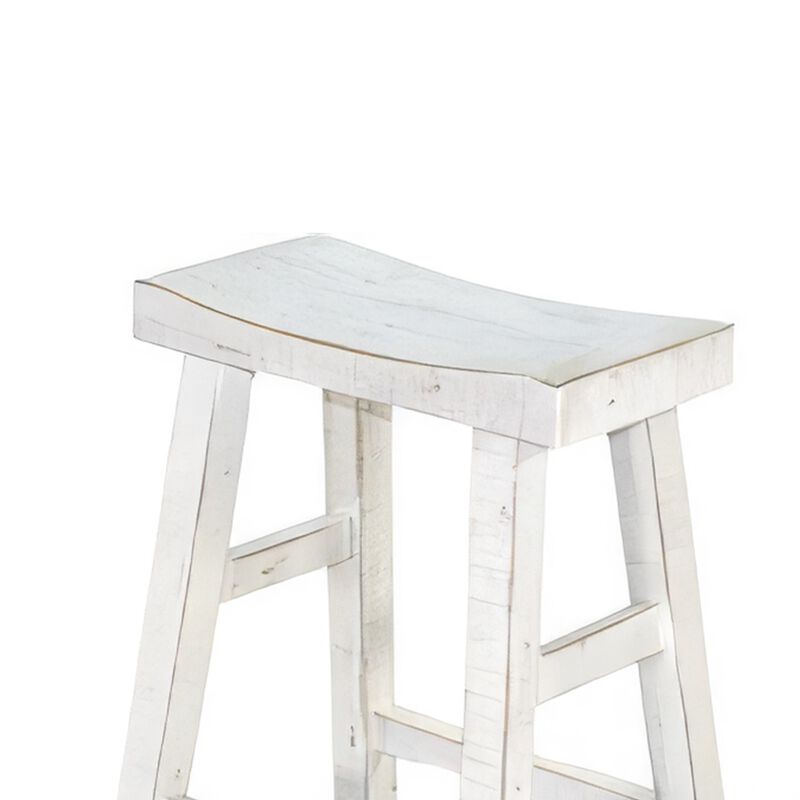 Rena Bar Stool Set of 2, Saddle Style Seat, White Sand Mahogany Wood - Benzara
