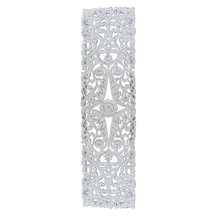 60 Inch Tall Decorative Panel, Carved Floral Vine Design, Mango Wood, White - Benzara