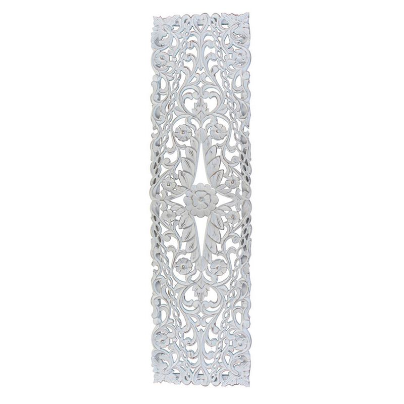 60 Inch Tall Decorative Panel, Carved Floral Vine Design, Mango Wood, White - Benzara