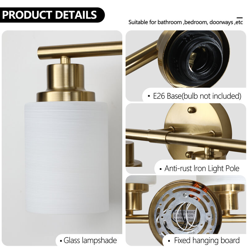 8-Light Golden Bathroom Vanity Light Fixture, Frosted Glass Shades, Modern Wall Mounted Lighting (No Bulbs)
