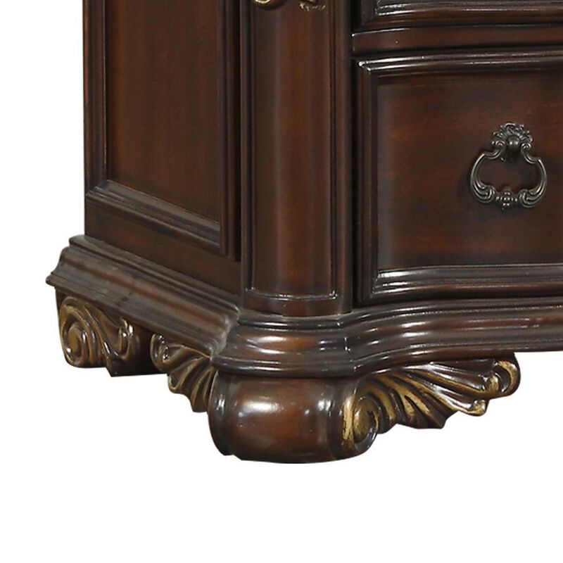 3 Drawer Nightstand with Carved Pilaster and Bracket Feet, Cherry Brown - Benzara