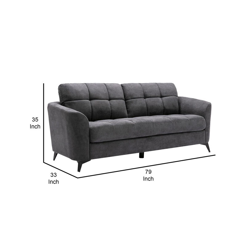 Odin Sofa with Tufted Cushioning, Black Frame, Gray Velvet-Benzara