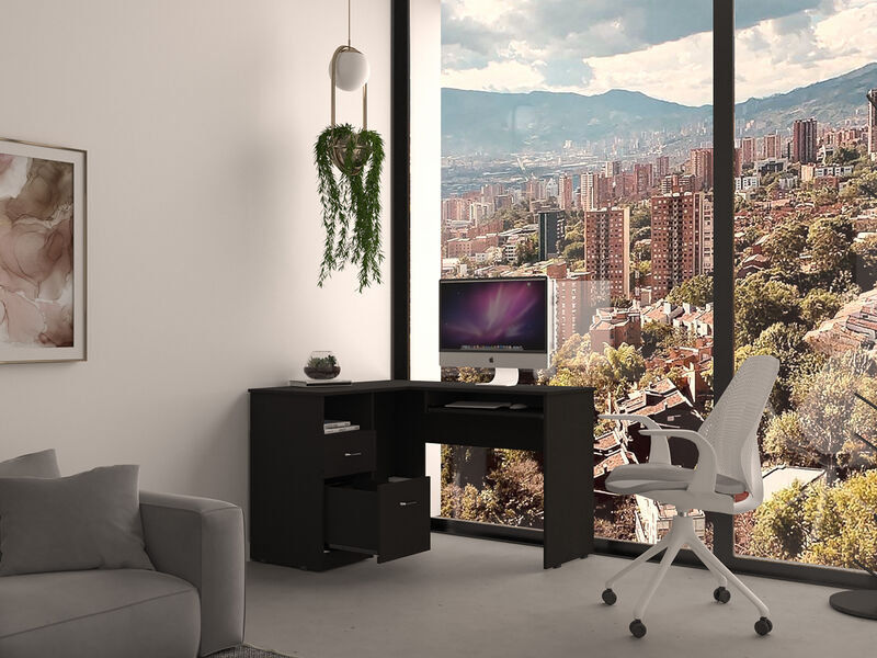 DEPOT E-SHOP Idra L-Shaped Desk, Keyboard Tray, Two Drawers, One Open Shelf, Black