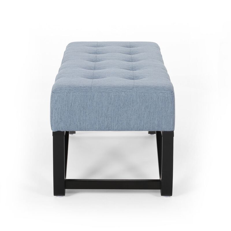 Liba Ottoman Bench, Button Tufted Light Blue Fabric, Black, 47 Inch -Benzara